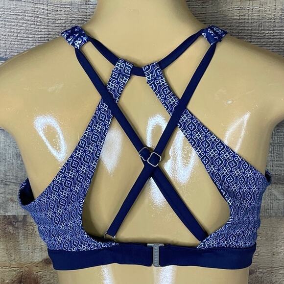 Athleta Tangier High Neck Bikini Top Cross Straps Back Dress Blue Size 36B 36C - Picture 3 of 9